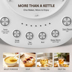 A close-up of a white electric kettle control panel with multiple round silver dials labeled Tonic, Soup, Tea, Boil, and Keep Warm, plus text reading 'MORE THAN A KETTLE' and 'One Maker, More to Enjoy.' Four small food/drink result photos along the bottom show millet porridge, soup, herbal tea, and fruit tea.