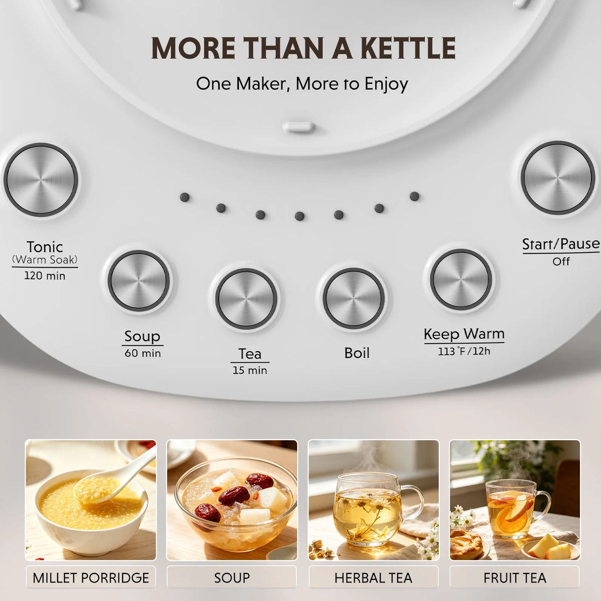 A close-up of a white electric kettle control panel with multiple round silver dials labeled Tonic, Soup, Tea, Boil, and Keep Warm, plus text reading 'MORE THAN A KETTLE' and 'One Maker, More to Enjoy.' Four small food/drink result photos along the bottom show millet porridge, soup, herbal tea, and fruit tea.