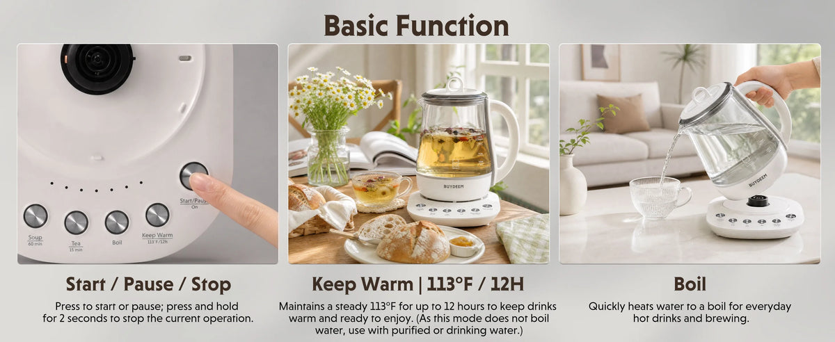 A three-panel promotional graphic for BUYDEEM K123 Multi-function Beverage Maker. The left panel shows the control panel with a finger pressing buttons.