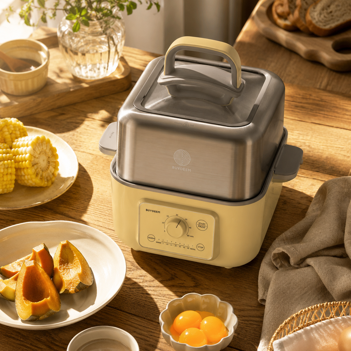 A countertop electric food steamer with a stainless steel upper chamber and cream-colored base, styled on a wooden table with breakfast items including corn, pumpkin, eggs, toast, and a mug in warm natural light.
