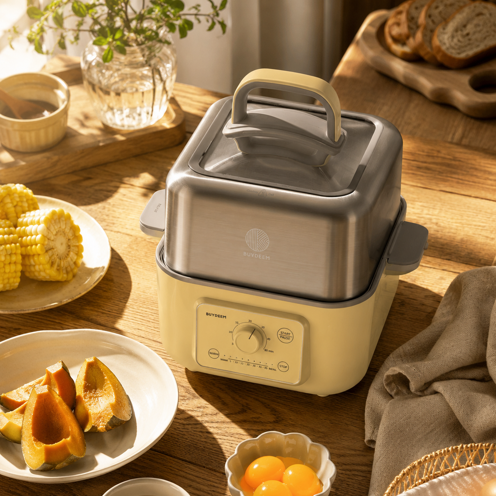 A countertop electric steamer with a stainless steel upper chamber and mellow yellow base, styled on a wooden table with breakfast items including corn, pumpkin, eggs, toast, and a mug in warm natural light.