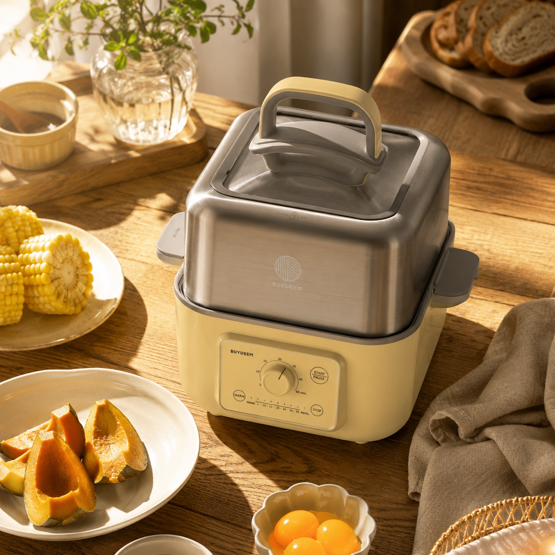 A countertop electric steamer with a stainless steel upper chamber and mellow yellow base, styled on a wooden table with breakfast items including corn, pumpkin, eggs, toast, and a mug in warm natural light.