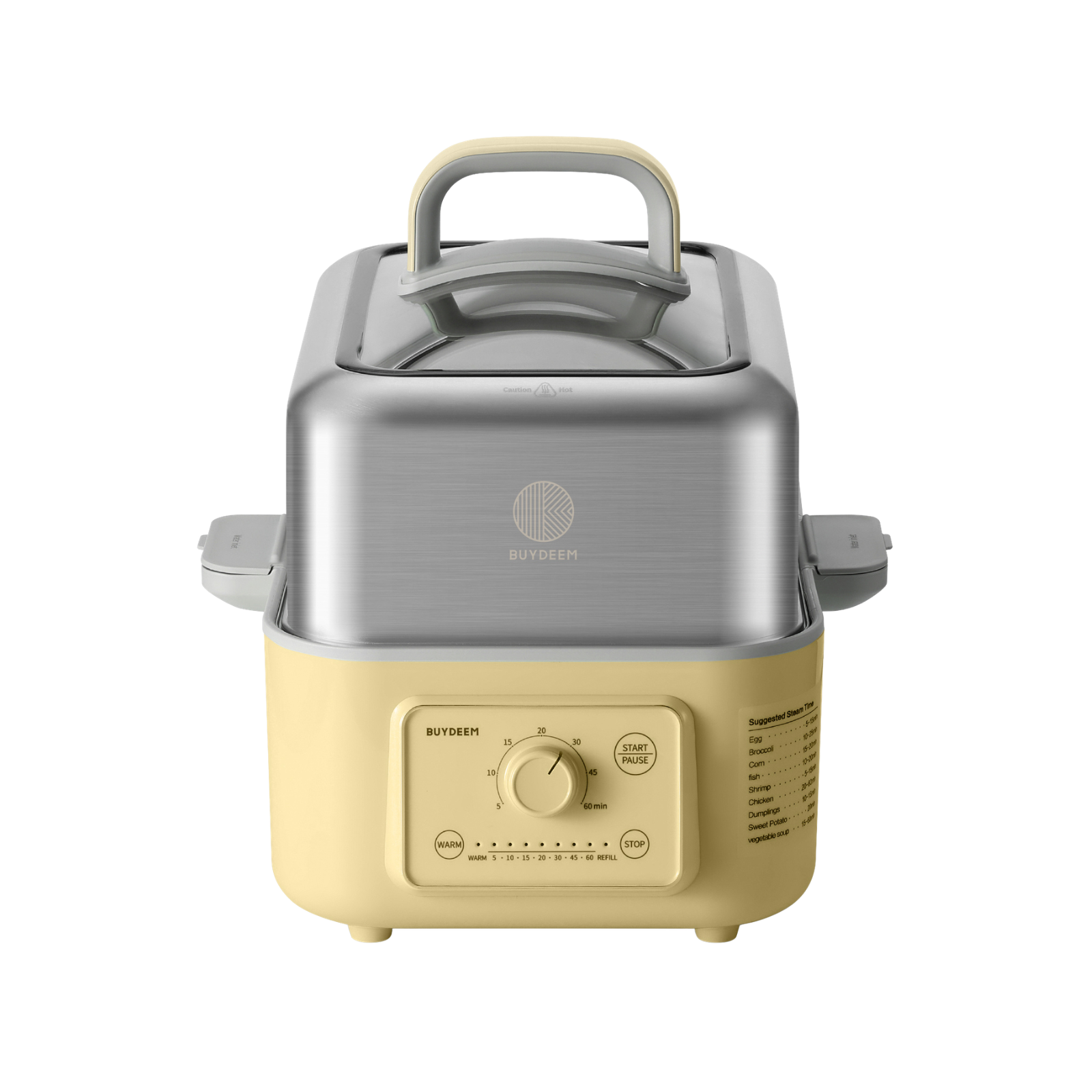 A food steamer with a cream-colored plastic base and a brushed stainless steel upper chamber. It features a matching cream-colored handle on the lid and a front control dial, set against a solid white background.