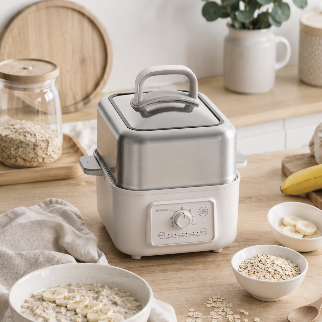 A countertop electric steamer in a warm oatmeal white and silver color scheme, styled on a wooden table with bowls of oatmeal and banana, jars of oats, and a potted plant in the background.