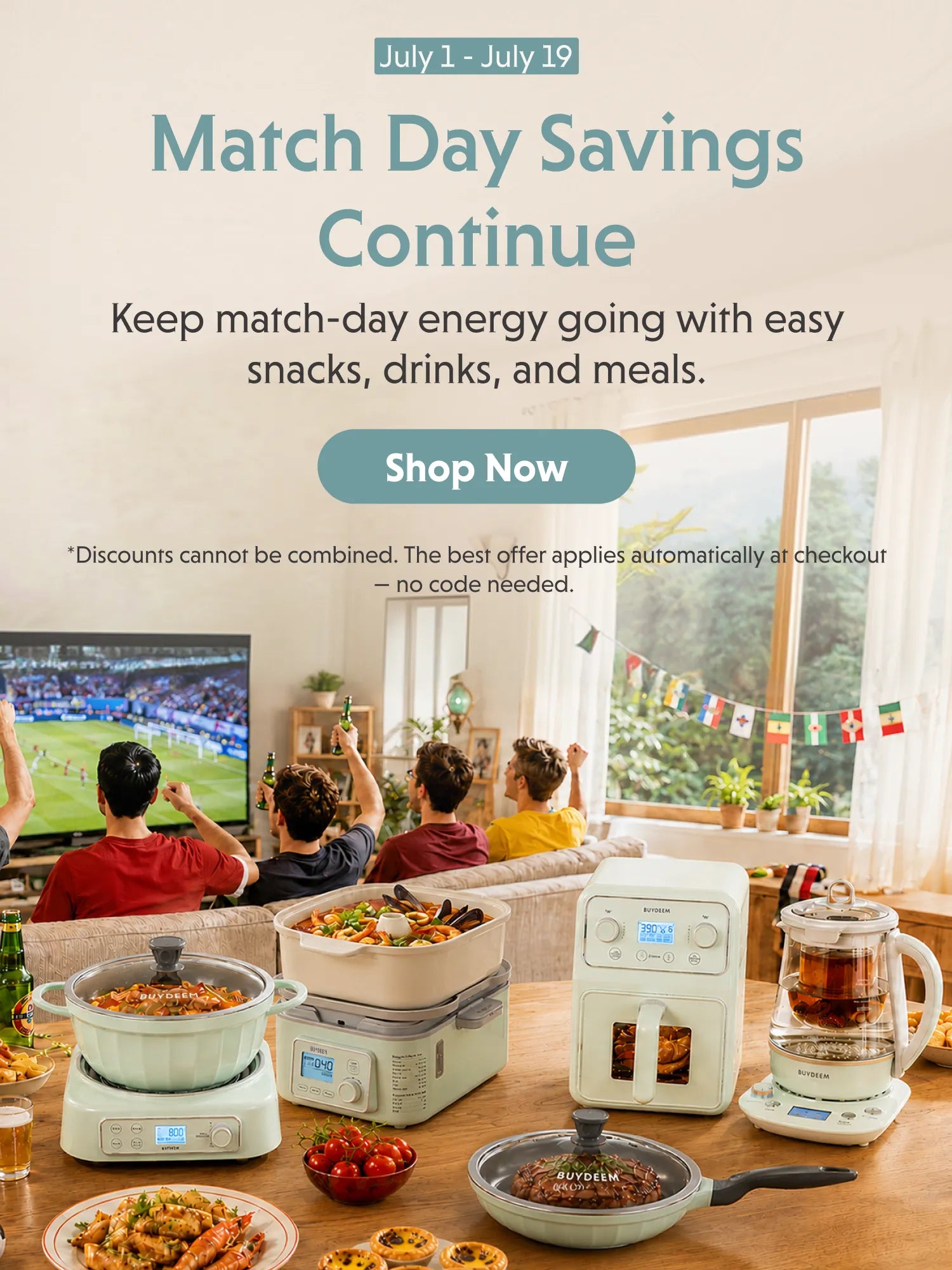 A promotional banner for March Day Savings featuring a kitchen countertop setup with a green electric kettle, a white coffee maker, a slow cooker, and plates of food, alongside a blurred living room scene in the background showing people watching a soccer game.