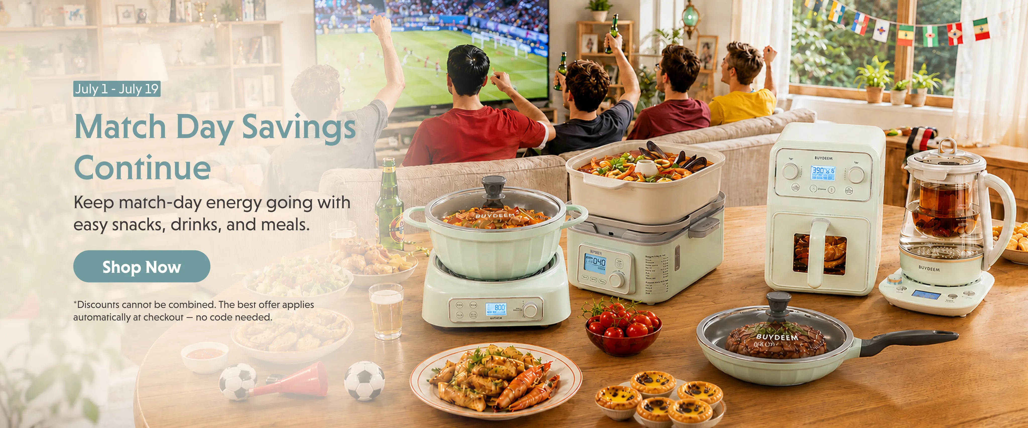 A promotional banner for March Day Savings featuring a kitchen countertop setup with a green electric kettle, a white coffee maker, a slow cooker, and plates of food, alongside a blurred living room scene in the background showing people watching a soccer game.